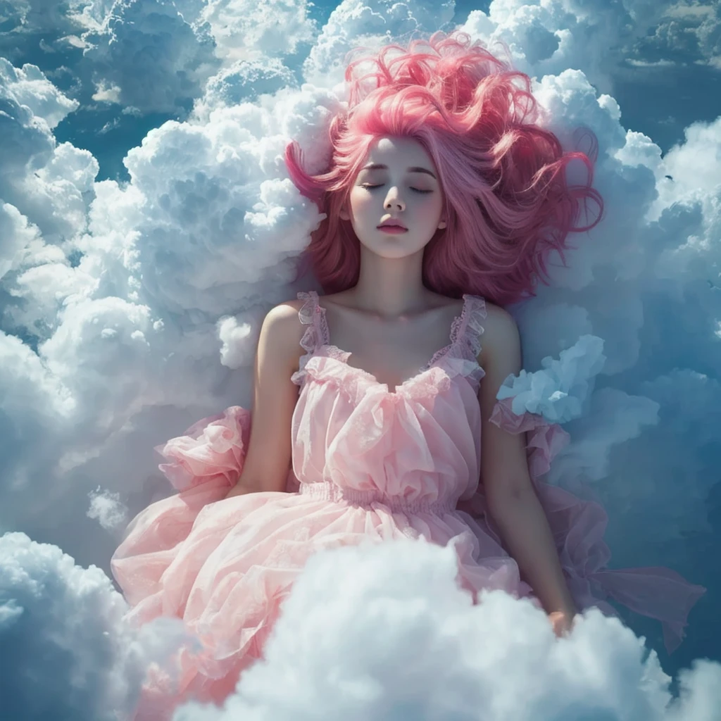 Beautiful woman with pink hair sleeping in the floating clouds