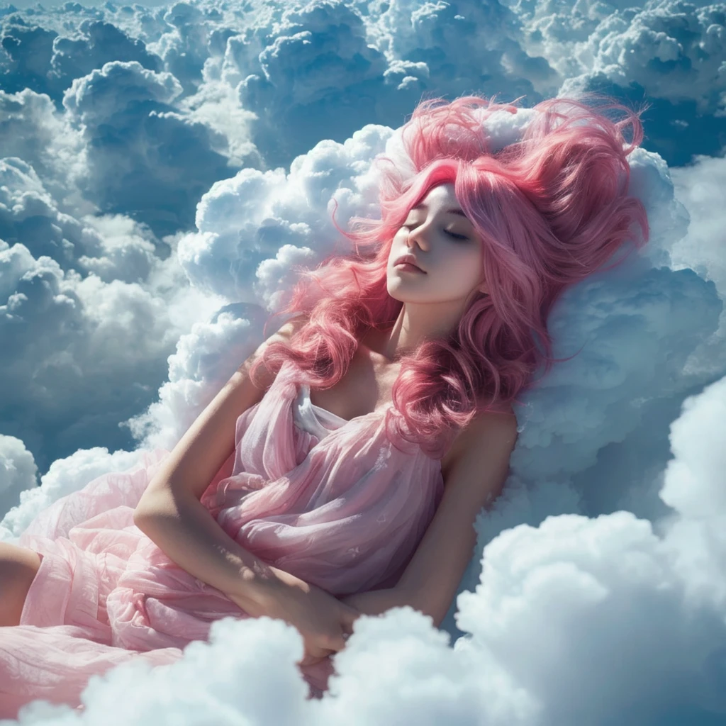 Beautiful woman with pink hair sleeping in the floating clouds