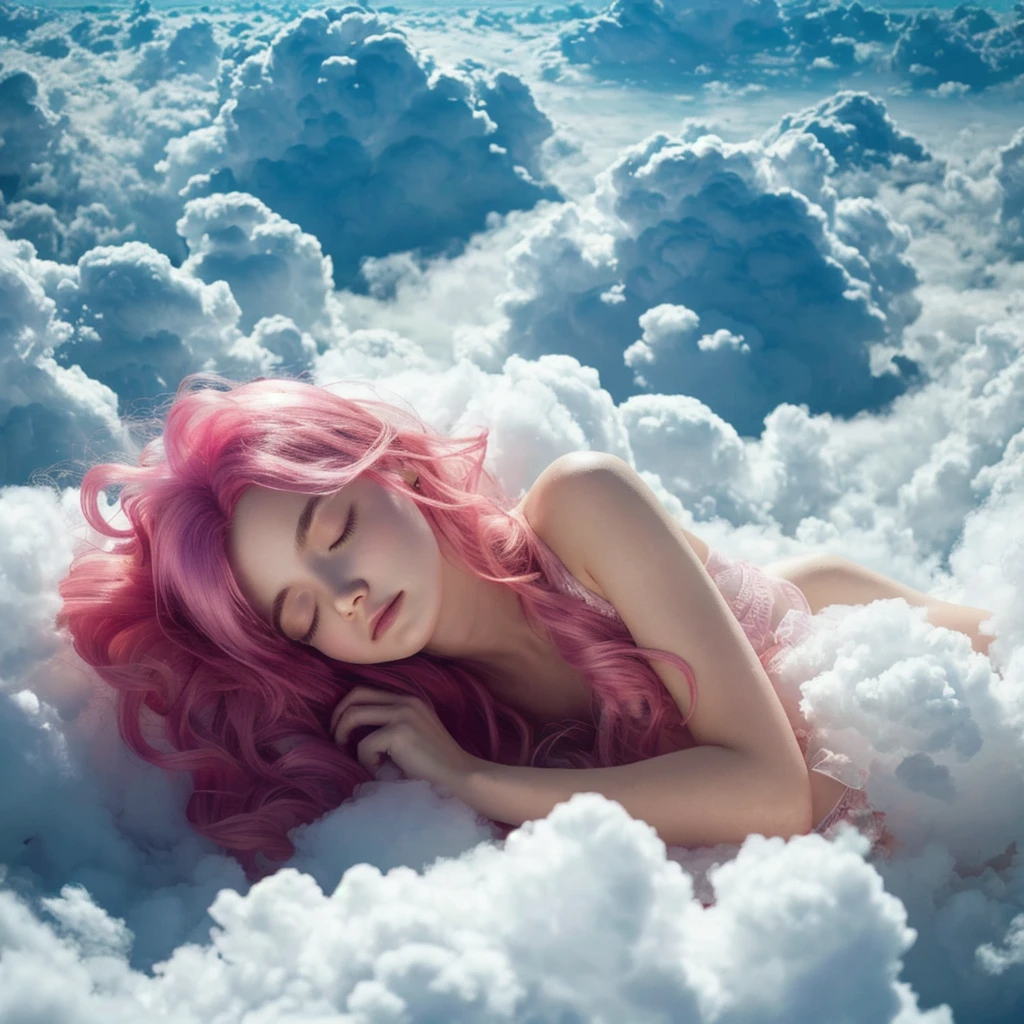 Beautiful woman with pink hair sleeping in the floating clouds