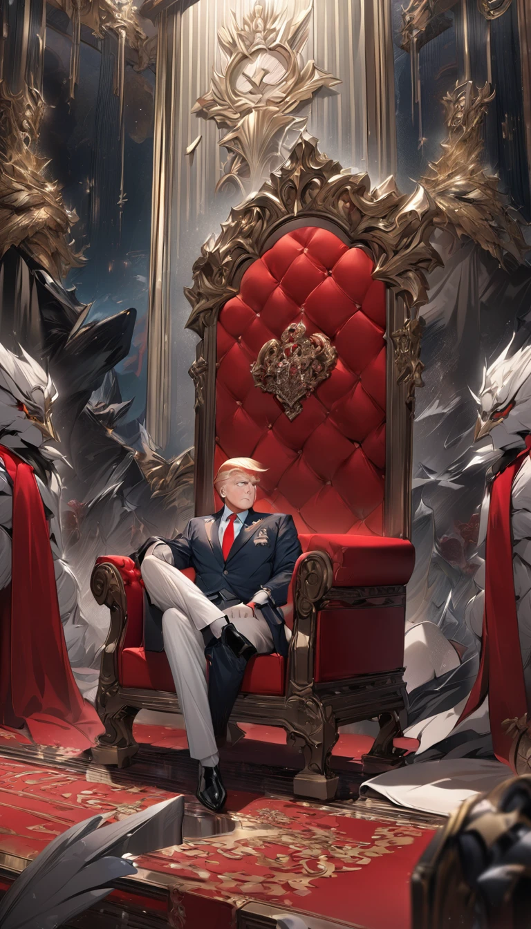 quality\(8K,非常に精細なCGユニットのwallpaper, masterpiece,High resolution,top-quality,top-quality real texture skin,Surreal,Increase the resolution,RAW Photos,最高quality,Very detailed,wallpaper\),BREAK, Throne of Power, Alice in Wonderland、Trump Country, Spade Empire, Alice sitting on a gorgeous throne, Spade family crest, The Last Emperor, A guard standing dignified beside the emperor、Red carpet,　Gold embroidery、Trump&#39;s guards stand guard:1.5、Disciplined Imperial Guard、White Palace、chalk、pure white、、