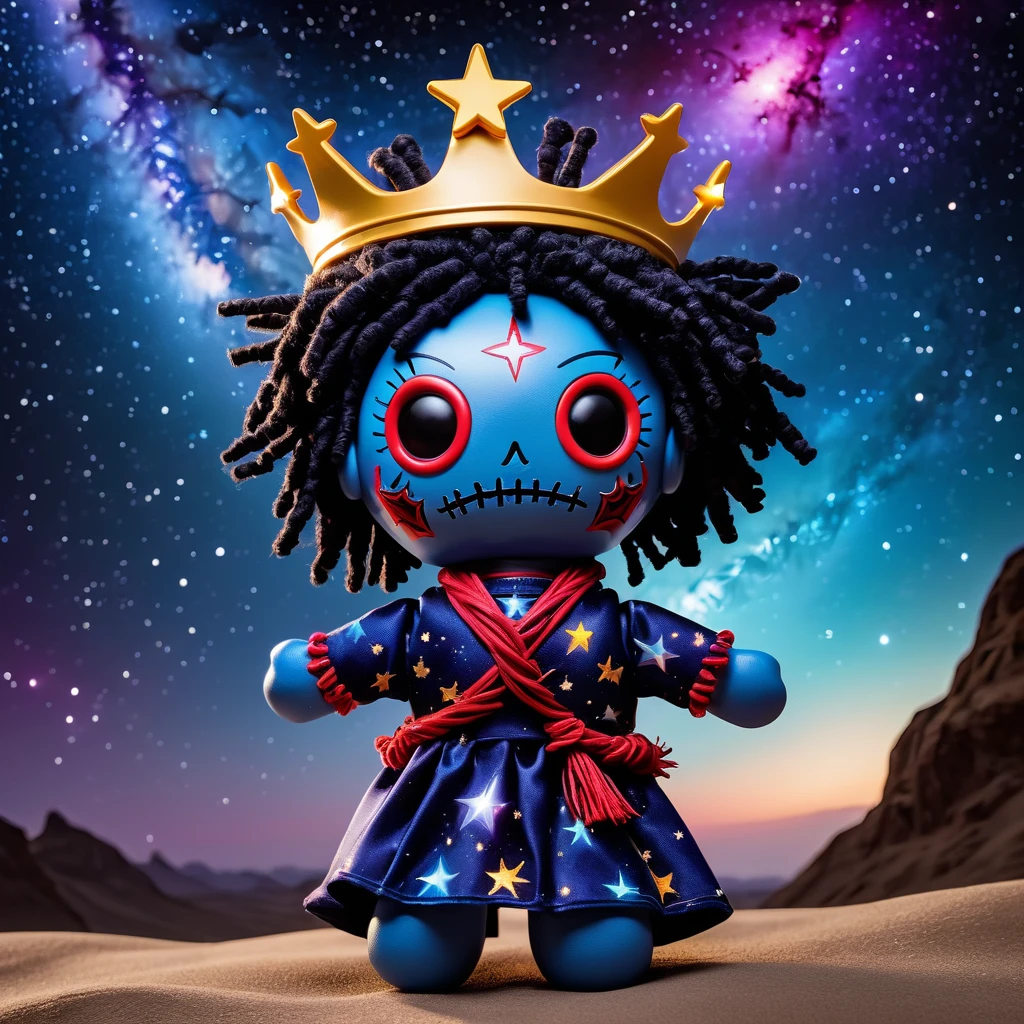(knitted toy voodoo doll:1.7), (Voodoo Star Wanderer:1.3), (Clothing: cosmic robe with star patterns, cape of stardust:1.0), (Accessories: star-tipped staff, floating constellation map, glowing star crown:1.2), (background: cosmic expanse with distant galaxies, shooting stars, and nebulous clouds:1.2), best quality, masterpiece, detailed soft oil painting, detailed background, dramatic cinematic lighting, soft edge lighting, professional, dramatic lighting, hard edge lighting, ultra quality, 4k, masterpiece, best quality, 8k, ultra high definition, high resolution, extremely detailed