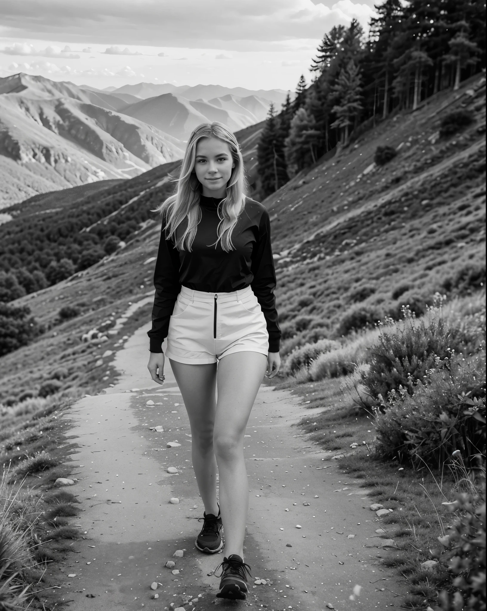 black and white photograph of a girl with blonde hair walking happily on a mountain path