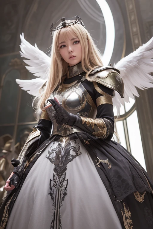 solo, Masterpiece, Photorealistic, Realistic anime style, highly detailed, Extremely Detailed Eyes, Extremely Detailed Clothes, Extremely Detailed face, extremely detailed nose, 8k quality, high resolution fix, concept art, Korean Uzzlang Make Up, Korean Face, hyper realistic, noise off set, kodak vision quality, blonde hair, wearing Fantasy Armor set, Holding A Spear, looking at the viewers, Background battlefield, Armor Breastplate, Armor Gloves, Armor Micro Skirt, Armor Faulds, Armor Greeves, Armor Sabaton, Halo on Head, Angel Wings, Background (( Battlefield Area))