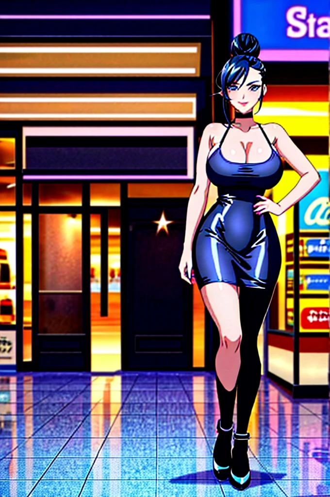 eyelashes,eyeshadow,eyebrows,blue eyes, small nose, lips, smile,face,black hair,hair bun,1girl,18 years old, (big breasts:1.5),skinny body, narrow waist, small hips, tight dress, short dress, black dress,spaghettie straps, cleavage, standing straight, full body view,in the shopping mall,