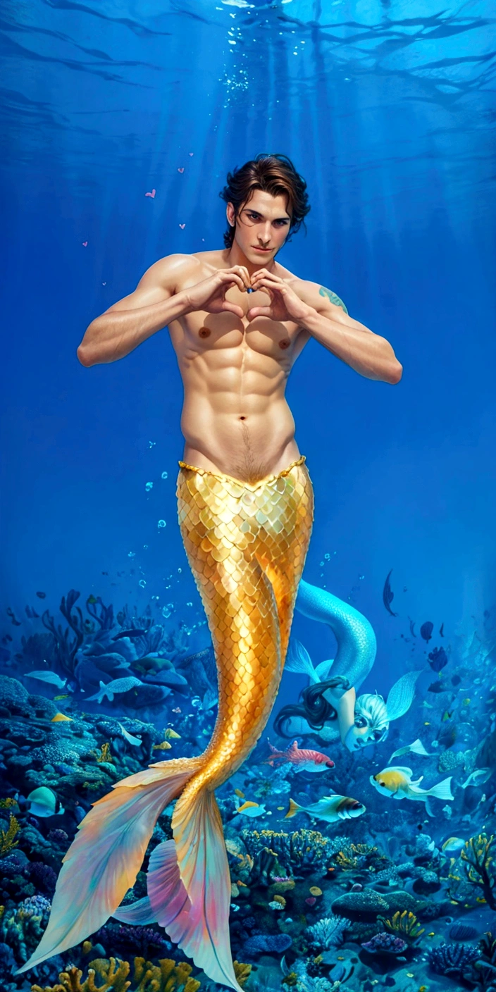 arafed man in a mermaid tail making a heart with his hands, emma watson as a mermaid, ariana grande as a mermaid, kristen bell as a mermaid, emma watson as sea mermaid, mermaid tail, mermaid body, mermaid, merfolk riding seahorses, inspired by Adam Dario Keel, inspired by David LaChapelle, david la chapelle, diego koi