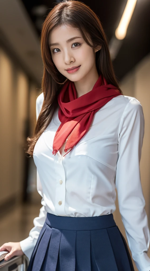 (8K, best quality, masterpiece:1.2), (realistic, photo-realistic:1.37), (high color saturation:1.0), (highly detailed skin), (highest quality:1.0), (ultra high resolution:1.0) ,(realistic:1.0), (Super detailed:1.0), (8K, Raw photo:1.1)、standing random pose, smiling, natural breast, perfect lighting, 22years old, (mysterious), clear and detailed, ((japaniese_office_uniform, tight skirt, sexy_blouse, flight attendant_neck scarf)), (indoor office, escalator), surprised face, looking at back viewer, low angle photo, (the sexy_shorts are showing under her skirt), nsfw, inverted nipples,