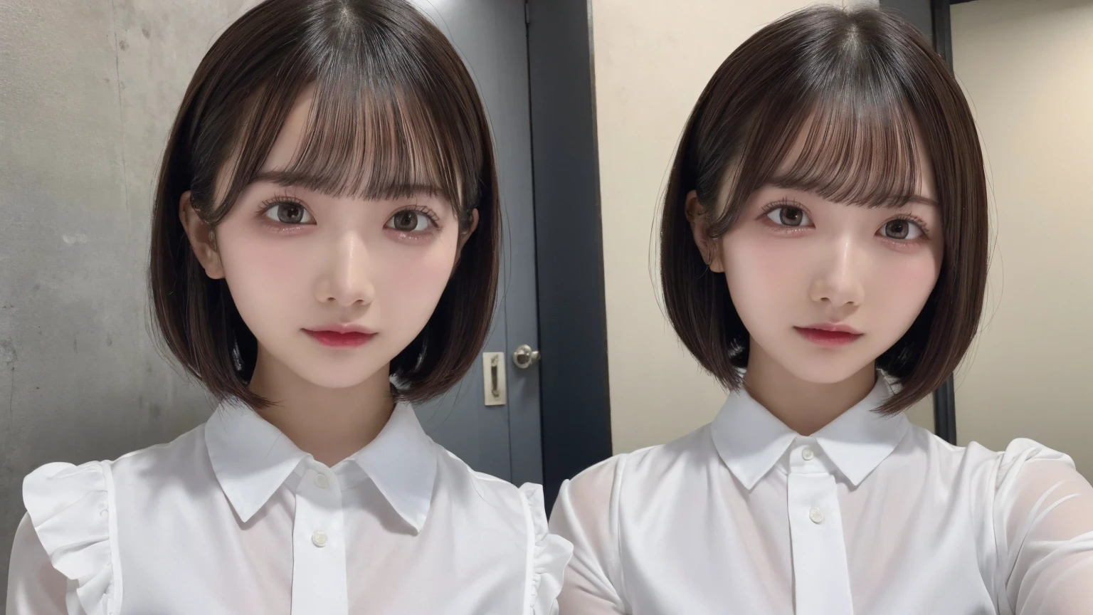 18-year-old、Ultra HD、Ultra-high resolution、Realistic、Sweaty skin、Bob Hair Frilled shirt、Bob Hair、suit、White shirt、recruit-suit、bob-hair、Transparent nipples