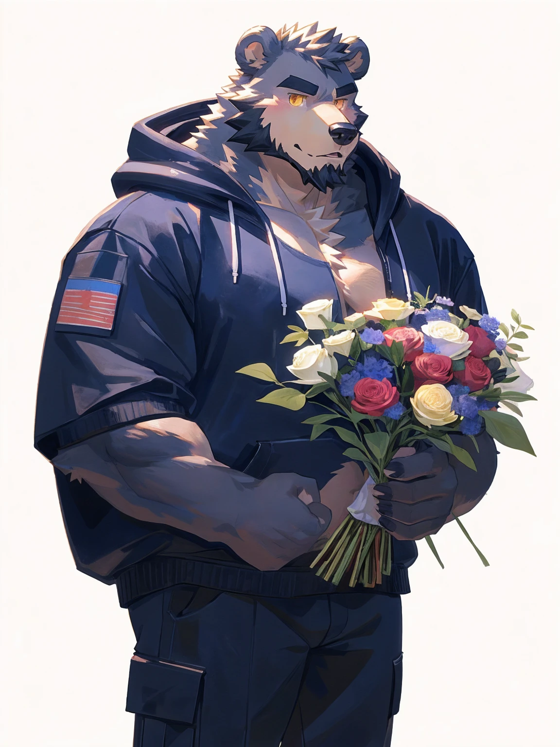 (masterpiece:1.2), best quality,pixiv,official art,perfect anatomy, (Ray tracing, light),solo, (1_male:1.3) , (muscle), (grey fur:1.4), (muscle bear), (beard:1.2), (gleaming golden eyes), bear tail, Thick black eyebrows, (open hoodie :1.3) , (naked inside:1.2), cargo pants, portrait , (white background:1.3) , （ diamond ring on finger::1.3）, (holding many bouquet:1.3)