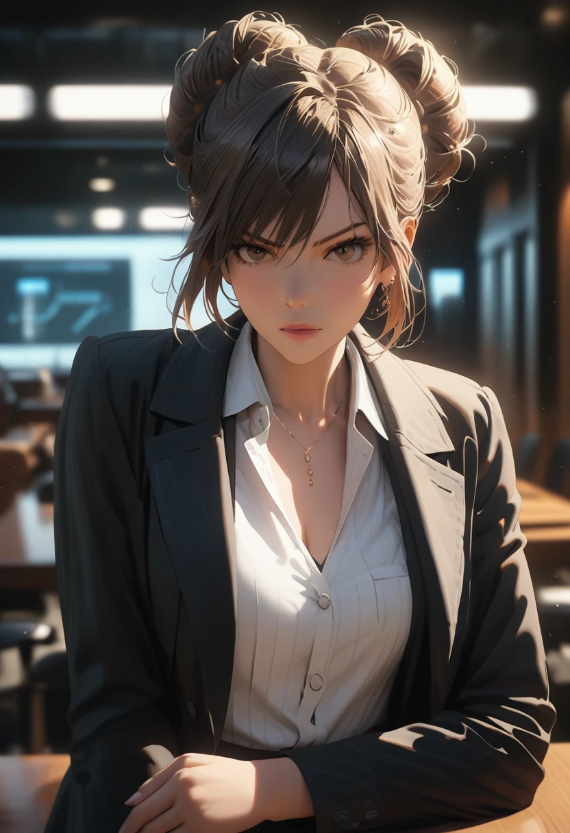 (best quality, 8k, masterpiece, highres, ultra-detailed), photorealistic, woman, boardroom, confident, tailored black pantsuit, sharp vertical lines, open jacket, crisp white blouse, V-neckline, sleek bun, determined expression, leadership, authority, blurred background, sleek furniture, modern technology, professional lighting, realistic skin.