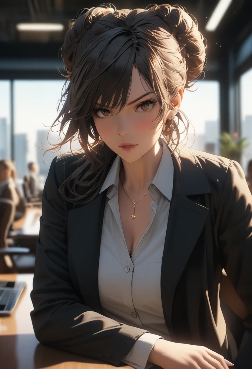 (best quality, 8k, masterpiece, highres, ultra-detailed), photorealistic, woman, boardroom, confident, tailored black pantsuit, sharp vertical lines, open jacket, crisp white blouse, V-neckline, sleek bun, determined expression, leadership, authority, blurred background, sleek furniture, modern technology, professional lighting, realistic skin.