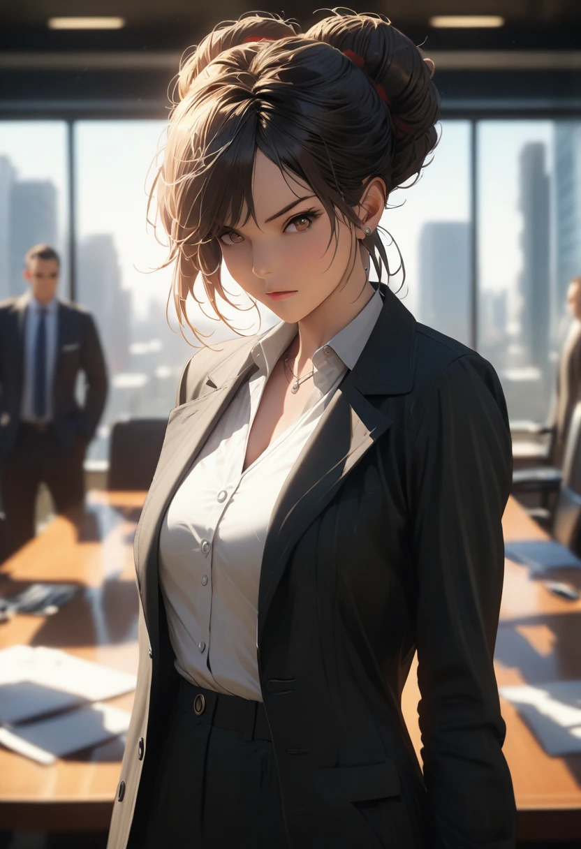 (best quality, 8k, masterpiece, highres, ultra-detailed), photorealistic, woman, boardroom, confident, tailored black pantsuit, sharp vertical lines, open jacket, crisp white blouse, V-neckline, sleek bun, determined expression, leadership, authority, blurred background, sleek furniture, modern technology, professional lighting, realistic skin.