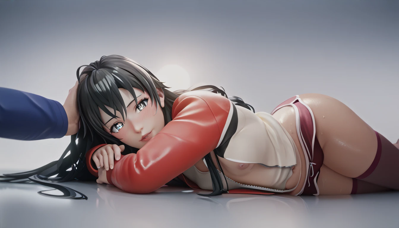 score_9, score_8_up, score_7_up, score_6_up, score_5_up, score_4_up, uncensored, yukinoshita yukino, absurdly long hair, grey eyes, black hair, very long hair, horny face, blush face, lips, naughty face, shiny skin, sweating, steaming body, heavy breathing, (small breasts:1.3), detailed body, detailed eyes, BREAK (masterpiece:1.2), best quality, high resolution, unity 8k wallpaper, (illustration:0.8), (beautiful detailed eyes:1.6), extremely detailed face, perfect lighting, extremely detailed CG, (perfect hands, perfect anatomy), hollow eyes, bright pupils, 1girl, solo, looking_at_viewer, lying, pantyhose, black_legwear, shorts, jacket, long_sleeves, breasts, on_stomach,