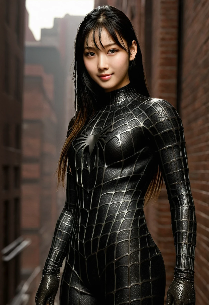 score_9, score_8_up, score_7_up, best quality, realistic, masterpiece, beautiful detail, hyperrealistic, (1girl, woman body, smile), big breasts, amazing detailed full body portrait of a beautiful ulzzang girl, wearing a realistic and highly detailed black raimi spider-man suit, ((huge muscular girl)), professional model wears ultra - detailed black raimi spider - man suit, ultra - detailed and grained black raimi spiderman suit, suit covered entire body and hand, black spiderman gloves, wet, (spider man pose), (full body), (dirty skin), close up, octane render, highly detailed, volumetric, dramatic lighting, (highest quality:1.1), (HDR:1.3), (top quality, best quality), realistic, high definition,