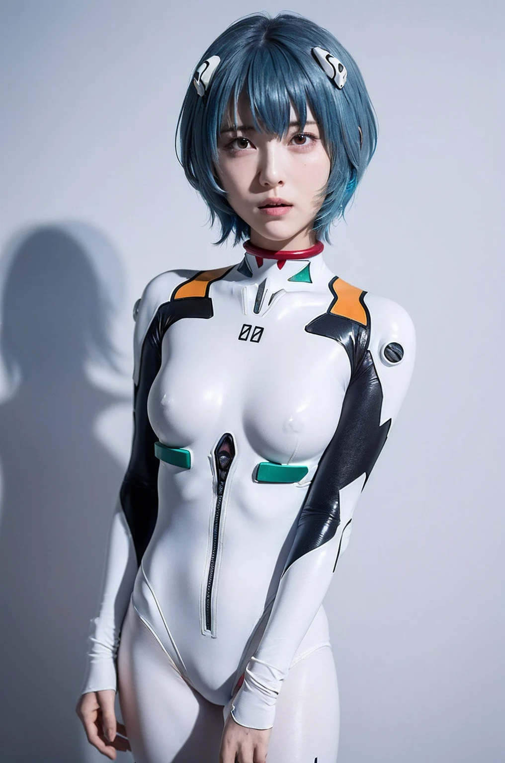 ((One Girl:1.4)),(masterpiece, Highest quality), ayanami,Plug Suit, Bodysuits, Interface Headset, white Bodysuits, Are standing,(((Looking into the camera))),Blue Hair、Berry Short、