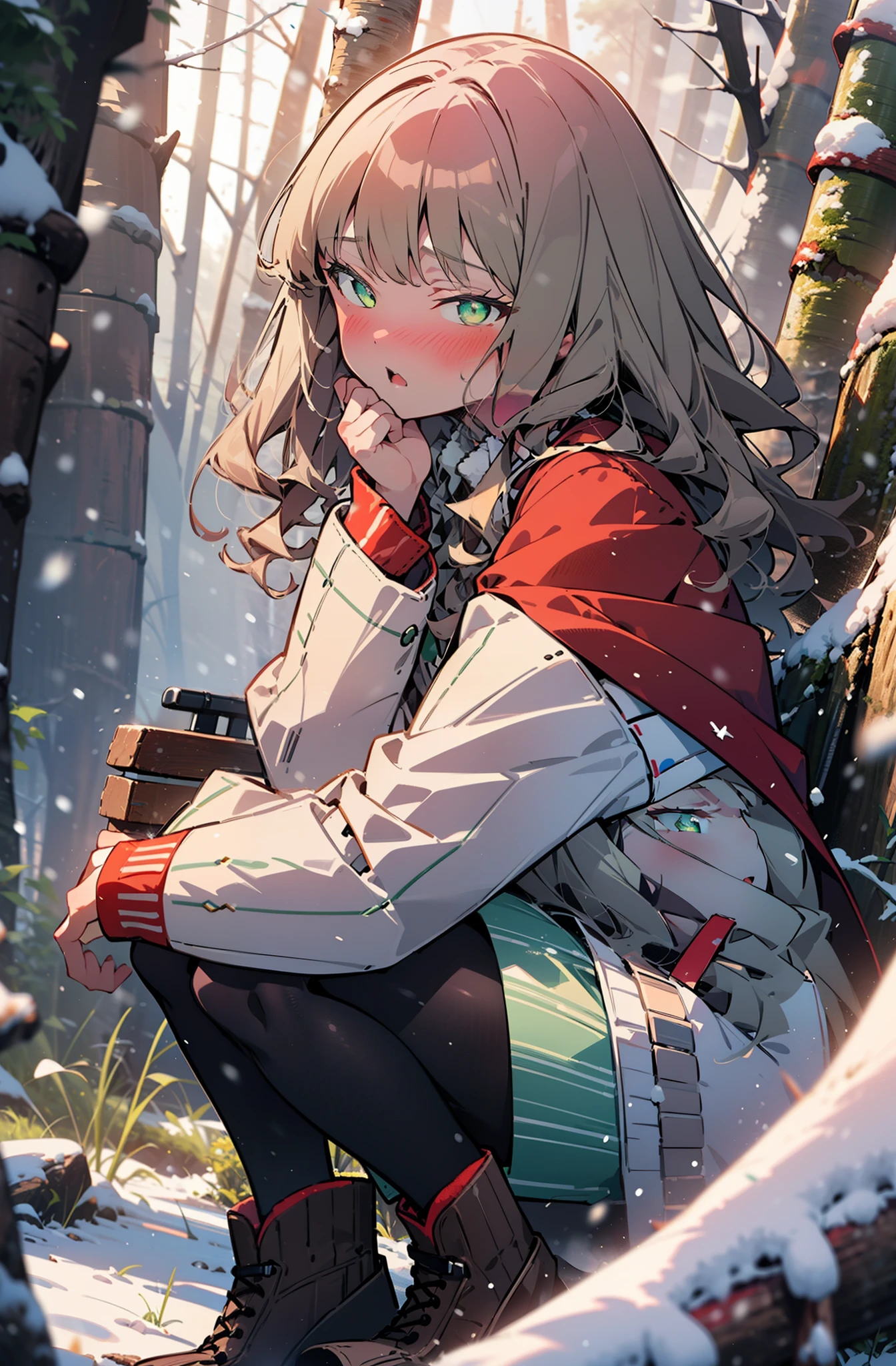 minami yume ,sss Dynazenon ,Long Hair, Brown Hair, (Green Eyes:1.5) ,blush,White Breath,
Open your mouth,snow,Ground bonfire, Outdoor, boots, snowing, From the side, wood, suitcase, Cape, Blurred, forest, White handbag, nature, Squat, Mouth closed, Cape, winter, Written boundary depth, Black shoes, red Cape break looking at viewer, Upper Body, whole body, break Outdoor, forest, nature, break (masterpiece:1.2), Highest quality, High resolution, unity 8k wallpaper, (shape:0.8), (Beautiful and beautiful eyes:1.6), Highly detailed face, Perfect lighting, Highly detailed CG, (Perfect hands, Perfect Anatomy),