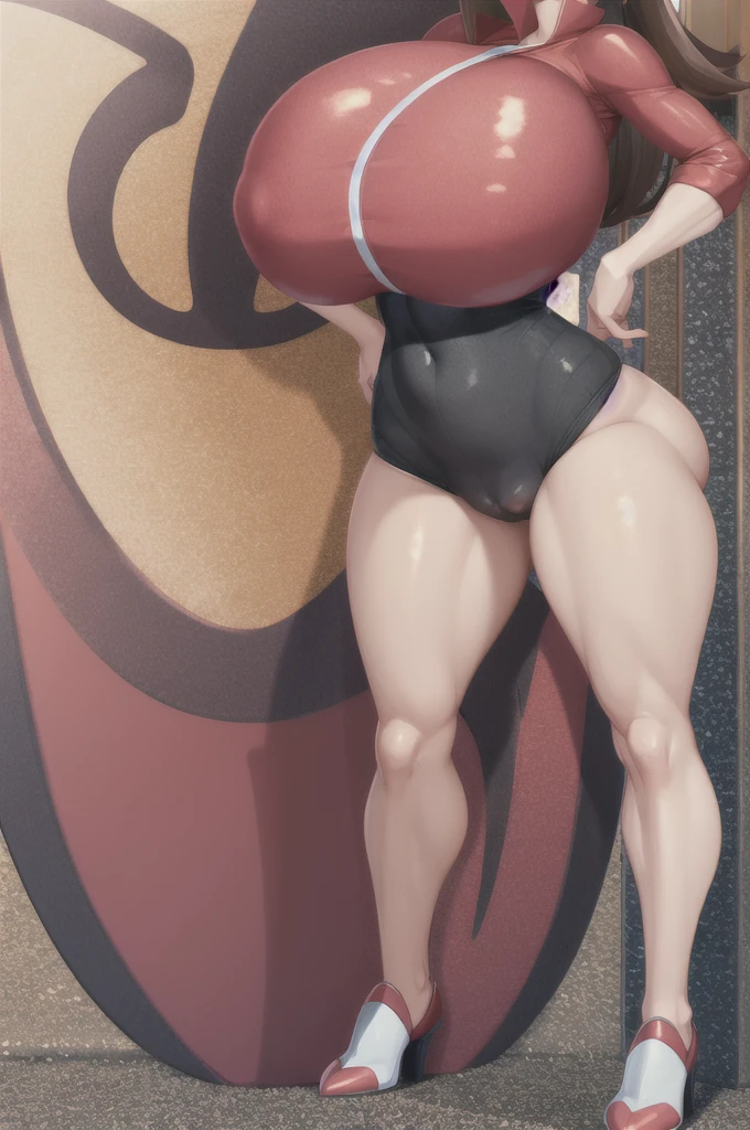 (masterpiece,Highest quality,High resolution)、8K、(perfect full body)、(((front)))。 title:((lewd high school girl))。 Girl details:One woman、(Character - May_Pokemon)、(Detailed face,Fine grain)、Brown Hair、(((huge breasts:1.35)))、Sexy Body、(Realistic skin texture:1.1)、Shiny skin、(Perfect body line)。 Costume details:(Rouge cosplay)。 Background details:(Urban Background)、(Alone)、Are standing。