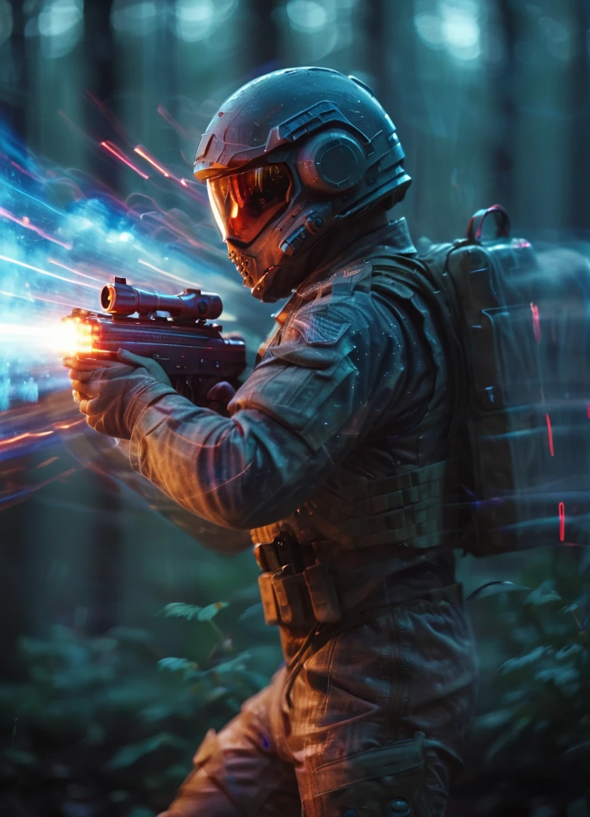 close-up cinematic photo of futuristic soldier on the battlefield, firing his laser gun, film, bokeh, professional, 4k, highly detailed
