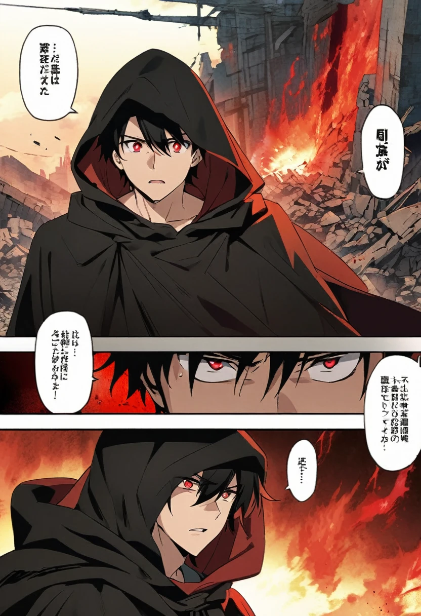 anime comic, a teenage boy character with black hair, crimson eyes. he wore a black cloak with a hood covering his head. he had a dangerous power, a blood red aura around him. he saw the destruction of his country.