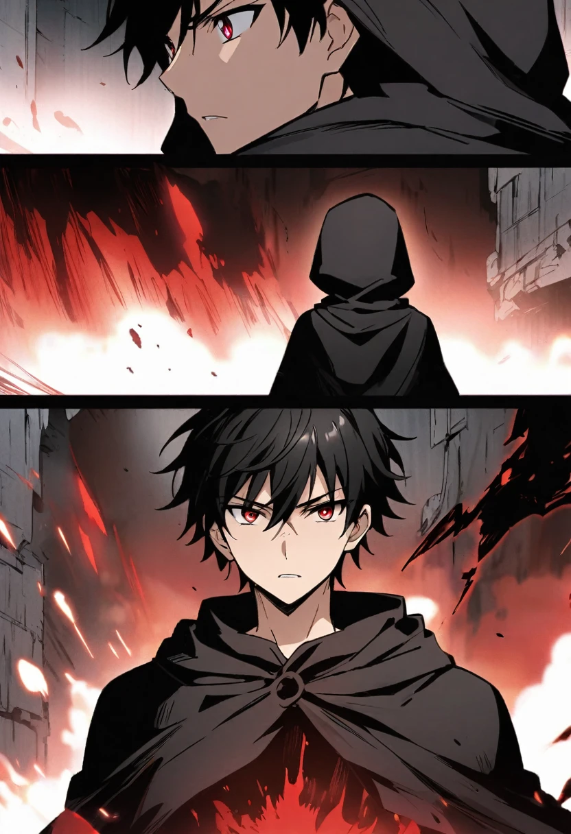 anime comic, a teenage boy character with black hair, crimson eyes. he wore a black cloak with a hood covering his head. he had a dangerous power, a blood red aura around him. he saw the destruction of his country.