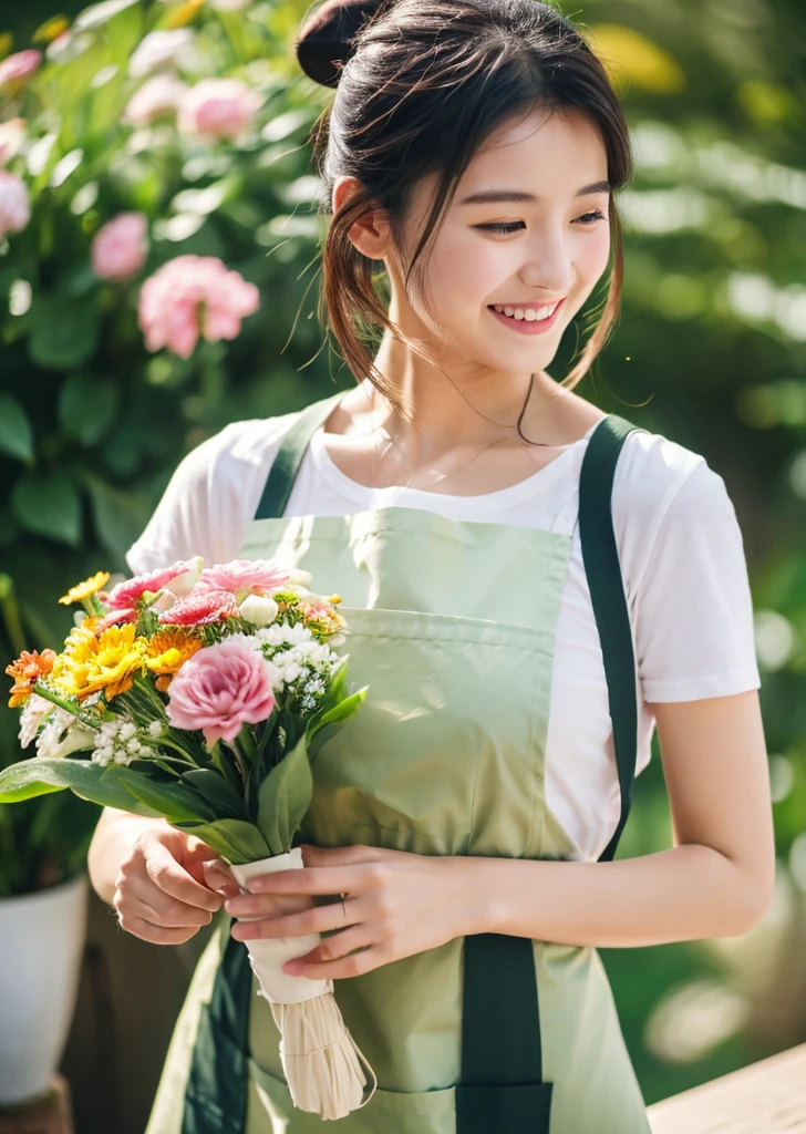 (Realistic, photo-Realistic:1.37),(8K, RAW Photos, Highest quality, masterpiece:1.2), cute, Ultra-detailed, 超High resolution, Kodak Vision Color, Filmed with an Arricam LT camera,Highest quality, Lively, 8K, High resolution, 1 girl, Escape, (Professional Lighting), (Portraiture:0.6), Black Hair, (Medium Hair),22 years old、おFloristさん、Wear an apron、Make a bouquet、Florist、Surrounded by lots of flowers、smile、Bun Head、Upper Body、