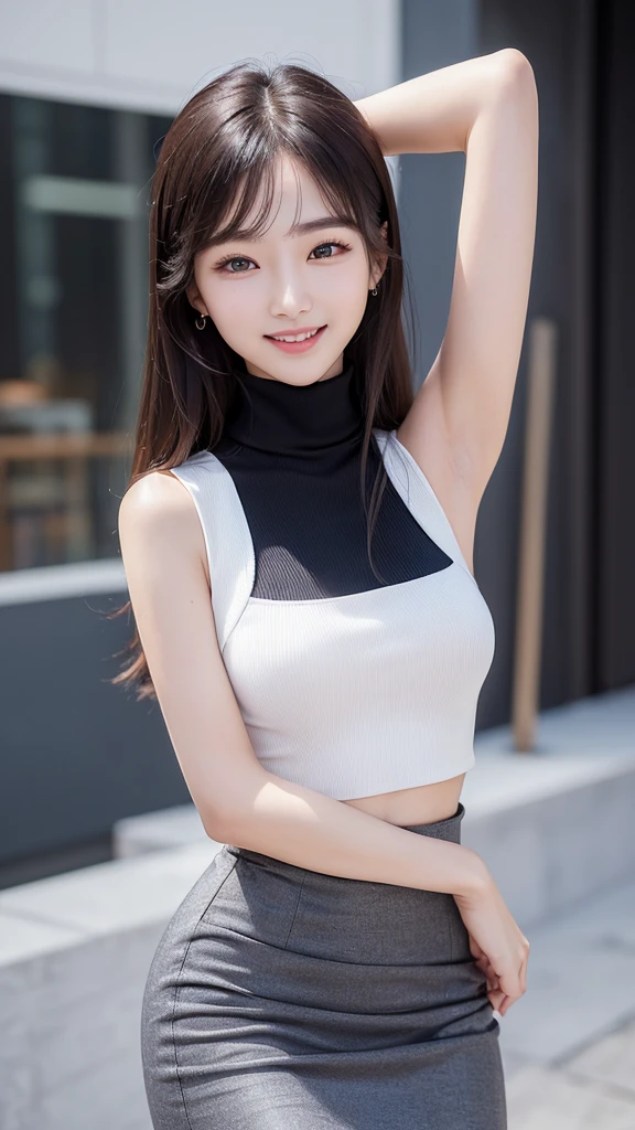 (((masterpiece))),(((High resolution)))、(((8K)))、(((perfect face)))、(((Korean model)))、20 years old、((sleeveless turtle neck, business super mini pencil skirt)), ((top quality eyes)), detailed texture, ((high resolution face)), cute smile