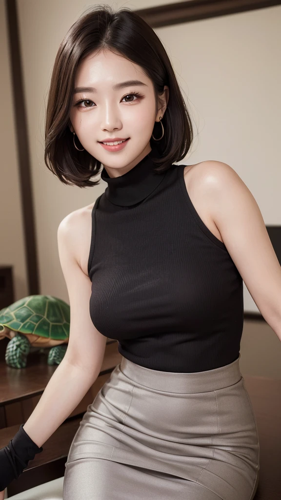 (((masterpiece))),(((High resolution)))、(((8K)))、(((perfect face)))、(((Korean model)))、20 years old、((sleeveless turtle neck, business super mini pencil skirt)), ((top quality eyes)), detailed texture, ((high resolution face)), cute smile