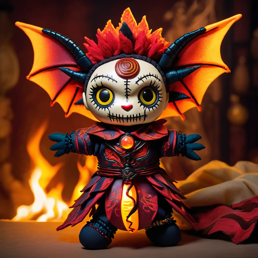 (knitted toy voodoo doll:1.7), (Voodoo Dragon Enchanter:1.3), (Clothing: dragon-scale armor, cloak with fiery patterns:1.0), (Accessories: dragon staff, glowing dragon egg, enchanted talisman:1.2), (background: dragon's lair with glowing treasures, mystical flames, and ancient carvings:1.2), best quality, masterpiece, detailed soft oil painting, detailed background, dramatic cinematic lighting, soft edge lighting, professional, dramatic lighting, hard edge lighting, ultra quality, 4k, masterpiece, best quality, 8k, ultra high definition, high resolution, extremely detailed
