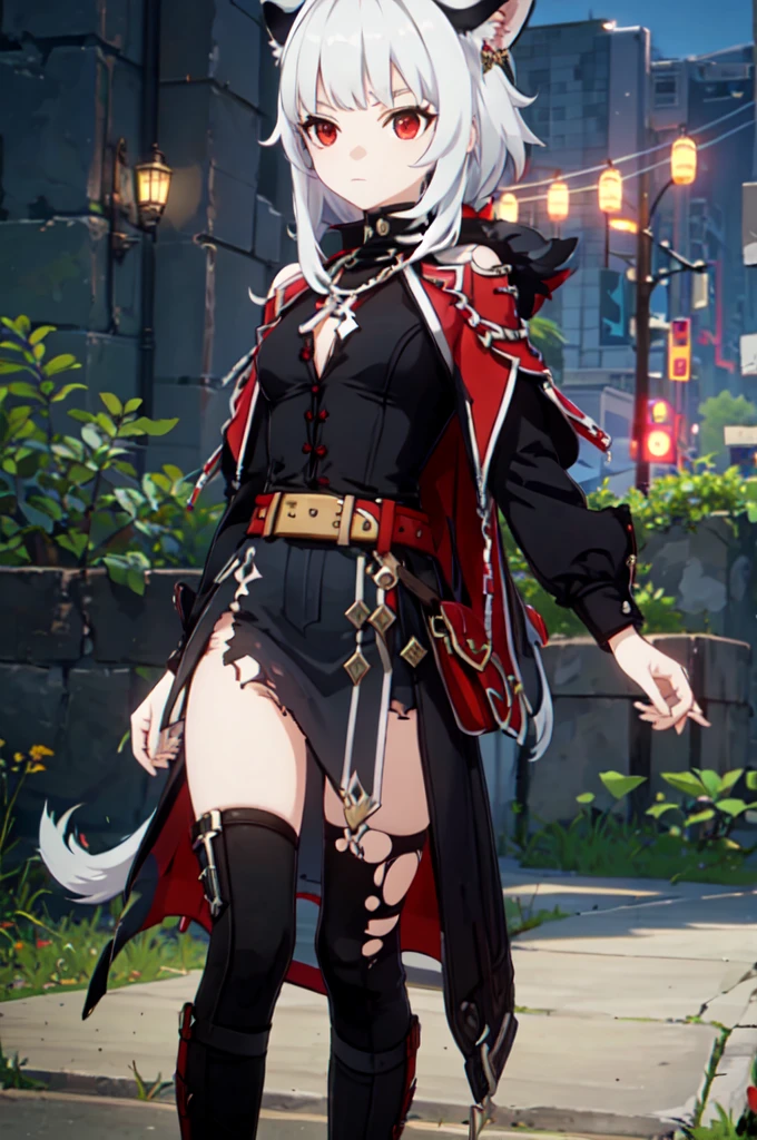 ultra detailed, masterpiece, best quality, solo, 1girl, red eyes, (tsurime:1.2), blunt bangs, white hair, long hair, straight hair, shoulder-length hair, female focus, coat, shirt, pants, studded belt, multiple belts, combat boots, torn clothes, necklace, black cape, black and red theme, popped collar, puppy ears, dog tail