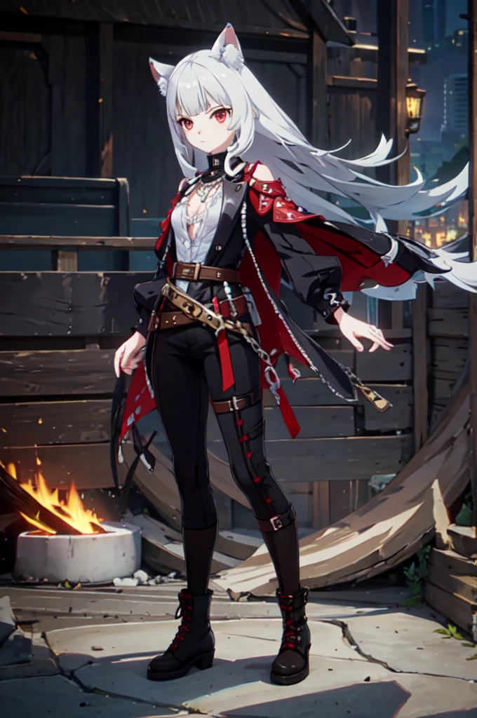 ultra detailed, masterpiece, best quality, solo, 1girl, red eyes, (tsurime:1.2), blunt bangs, white hair, long hair, straight hair, shoulder-length hair, female focus, coat, shirt, pants, studded belt, multiple belts, combat boots, torn clothes, necklace, black cape, black and red theme, popped collar, puppy ears, dog tail