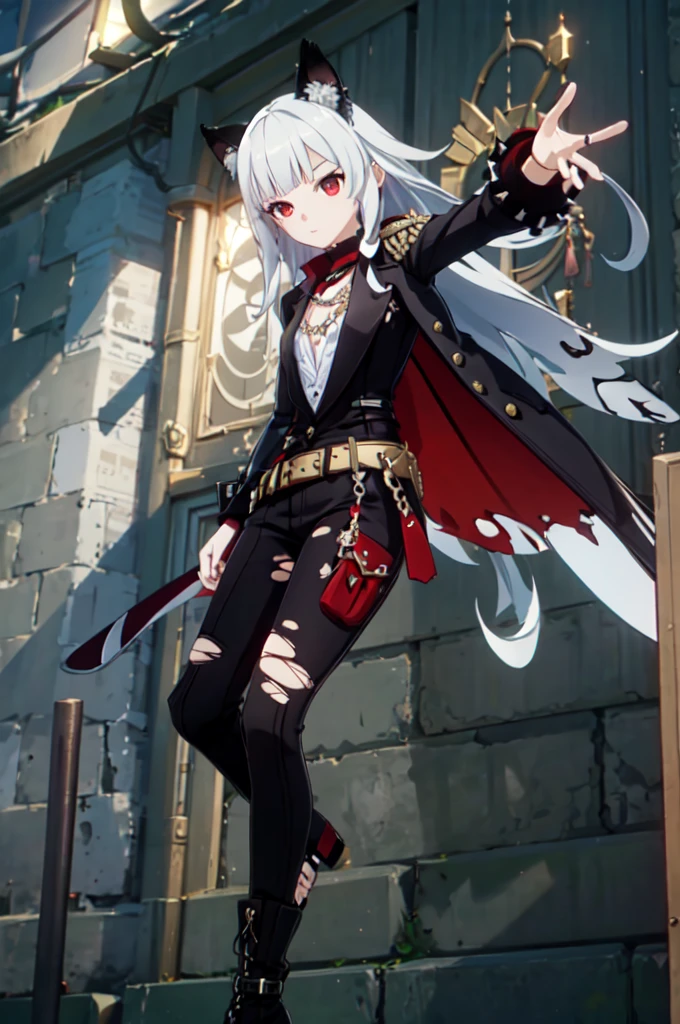 ultra detailed, masterpiece, best quality, solo, 1girl, red eyes, (tsurime:1.2), blunt bangs, white hair, long hair, straight hair, shoulder-length hair, female focus, coat, shirt, pants, studded belt, multiple belts, combat boots, torn clothes, necklace, black cape, black and red theme, popped collar, puppy ears, dog tail