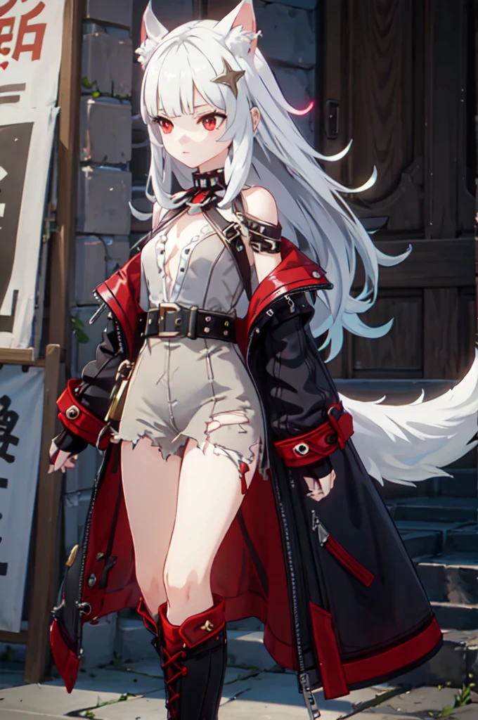 ultra detailed, masterpiece, best quality, solo, 1girl, red eyes, (tsurime:1.2), blunt bangs, white hair, long hair, straight hair, shoulder-length hair, female focus, coat, shirt, pants, studded belt, multiple belts, combat boots, torn clothes, necklace, black cape, black and red theme, popped collar, puppy ears, dog tail