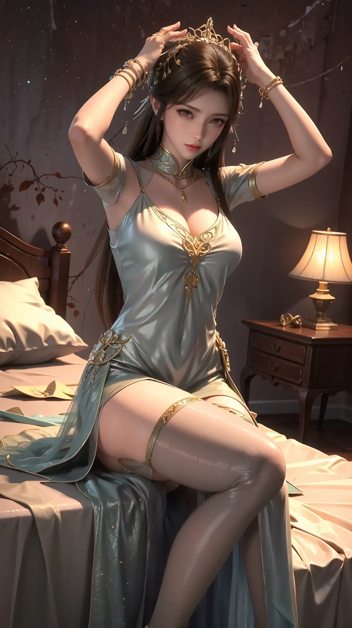 
(((1 girl)),Ray tracing,(Dim Lights),[Detailed background (bedroom)),((Slim Girl))) Starry sky background，((((Girls wear dresses, With transparent stockings), Show off your exquisite figure and graceful curves, correct limbs, Sitting on the bed，Put your hands behind your head, Put your hands behind your head