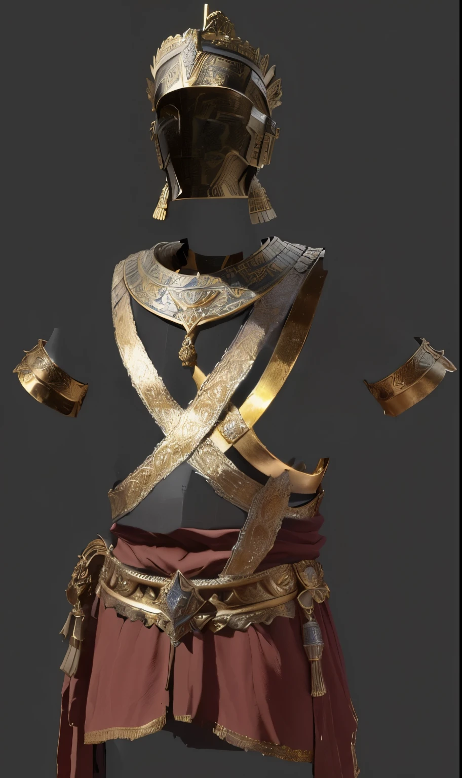 a close up of a statue of a man wearing a crown, ancient armor, ornamental armor, detailed bronze armor, ornamented armor, roman armor, female armor, some curved armor, armor and robes, ornate bikini armor, maya render, plated armor intricate, highdetailed, ancient greek ornamented armor, detailed armor with white scarf, very detailed and rich clothing