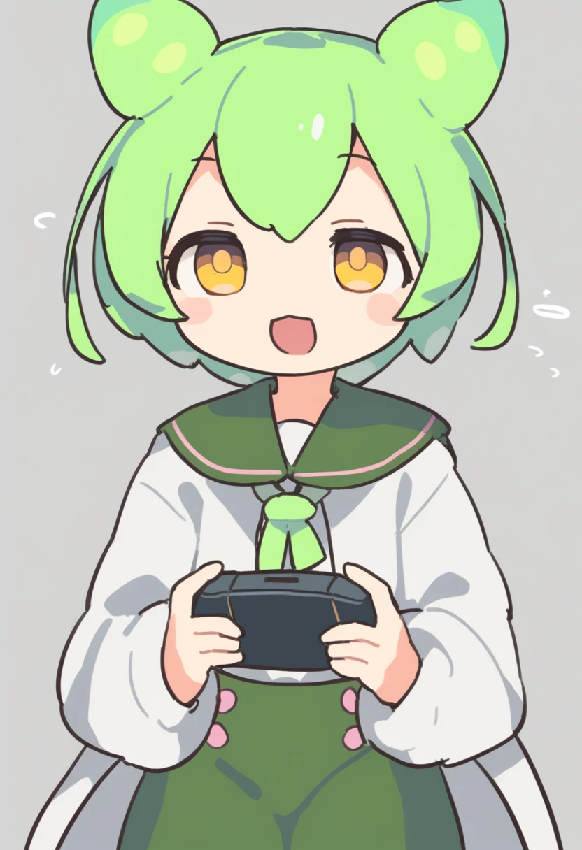 One girl,Zundamon,Voice Box ,Green Hair,、White of the eyes、Funny Face,Simple white background、No text,Playing games