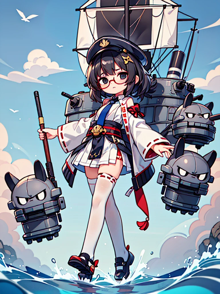 ((((Full body of a woman with perfect flat chest、solo、Short unkempt black hair、Tie your messy hair at the nape of your neck、white military jacket、Miko costume、tights、Black glasses、White military cap、Cloudy black eyes、Sleepy expression、Falcon Hair Accessories、Eagle hair accessory)))), (((masterpiece))), (((Shipgirl))), ((Floating on the morning sea with both feet)), (Spread your legs wide open), (Hold the turret with your right hand), (Mechanical arms extending from the waist are used to equip the ship with battleship equipment.), (Equipped with a turret on the back), (Holds the turret with his left arm), Shotgun shells are attached to the thigh with a belt, Spreading the Machine&#39;s Wings, Machine tail,  Holding a shotgun, Nipple masturbation, Dildo masturbation, Tentacle masturbation