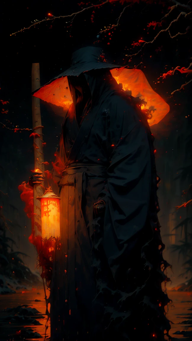 (best qualityer, ultra detaild), tenebrosa, humida, artificial raindrops falling, ancient japanese warrior standing in the rain, traditional japanese bamboo hat (fail), Dense forest landscape, majestic and serene nature, Full moon shining in the night sky, black kimono with fluorescent red stripes that glow in the moonlight, sharp and drawn samurai sword (katana),