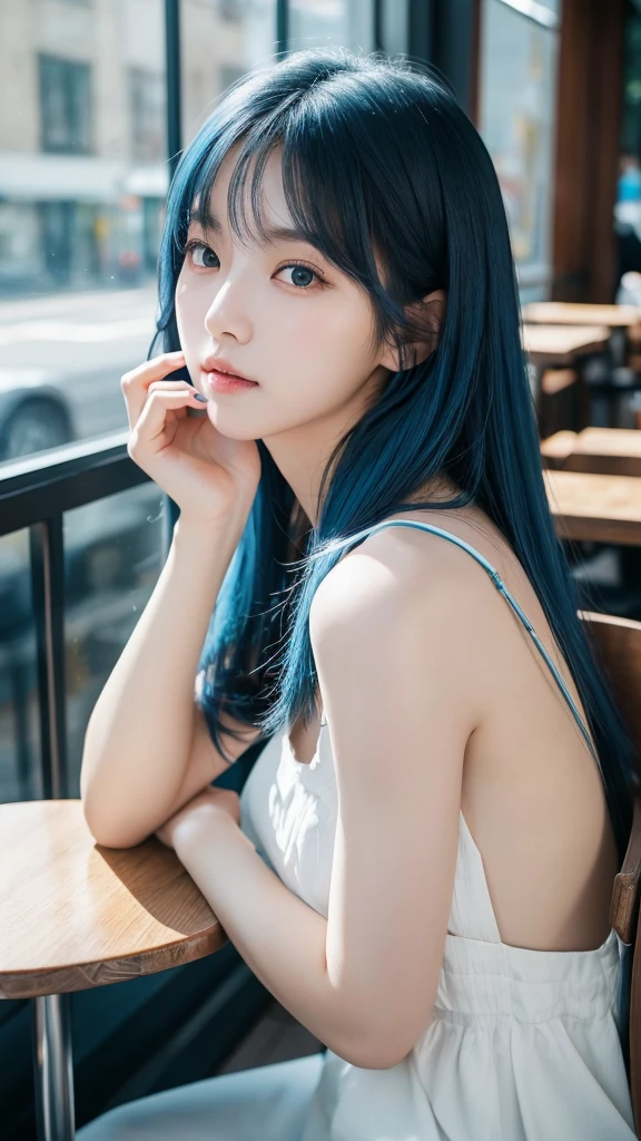 Korean woman sitting at a cafe table drinking coffee、Photos of Lee Gahyeon。Window sunlight, Blue Hair, Dynamic pose, Skin Texture, Pale skin, Shiny skin, (slim, small:1.2), [:(Sharp focus on the face, Detailed face, Perfect Eyes, View your viewers:1.2):0.2], Realistic, Film Grain, Highest quality, masterpiece 