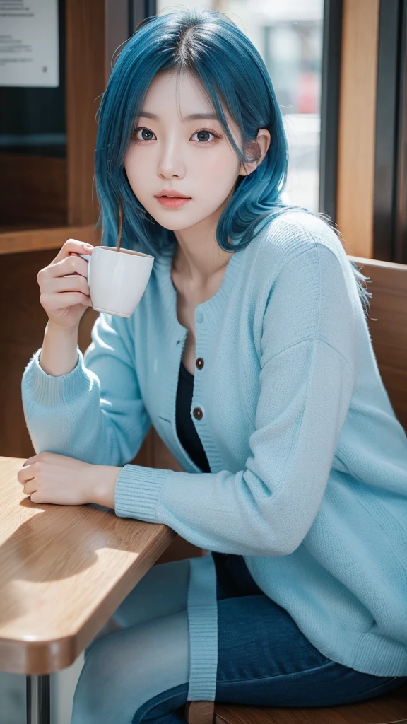 Korean woman sitting at a cafe table drinking coffee、Photos of Lee Gahyeon。Window sunlight, Blue Hair, Dynamic pose, Skin Texture, Pale skin, Shiny skin, (slim, small:1.2), [:(Sharp focus on the face, Detailed face, Perfect Eyes, View your viewers:1.2):0.2], Realistic, Film Grain, Highest quality, masterpiece 