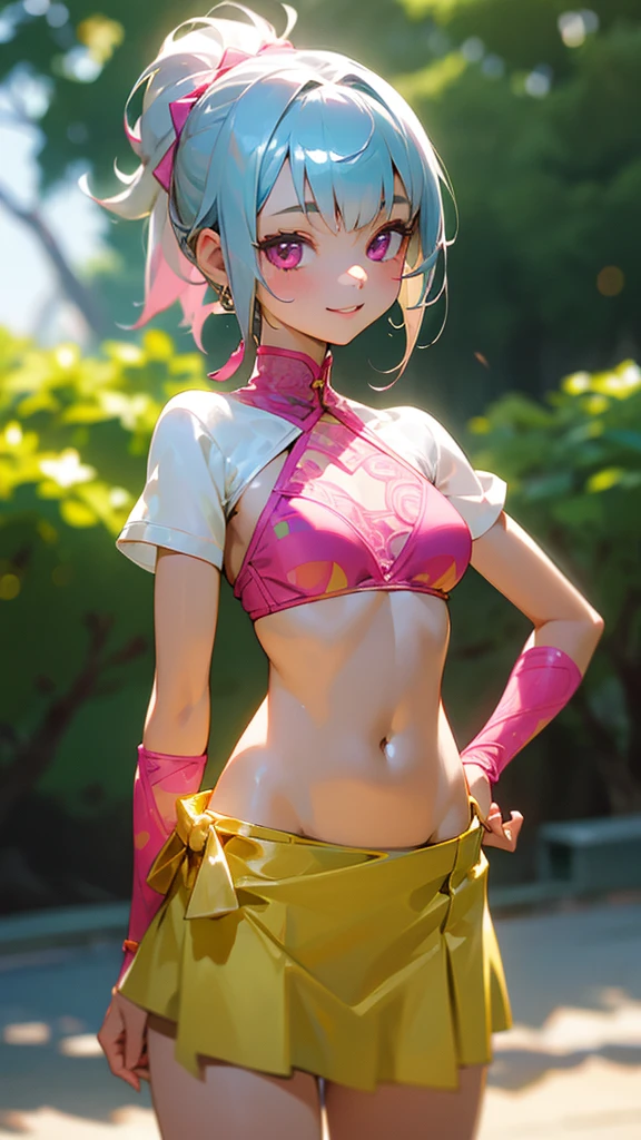 1 Girl、8K、Sharp focus、(Bokeh) (Highest quality) (Detailed skin:1.3) (Intricate details) (anime)、Silver short hair and bob hair、Tie your hair up with a hair clip、Pink Eyes、 years old、(Please put your hands on your hips)、chest、Slim figure、bikini、A pareo skirt with bold ethnic patterns and plenty of primary colors、Realistic Skin、Shiny skin, Sunburned skin、Cowboy Shot、Side body、smile、smile、Park in the background、Soft lighting