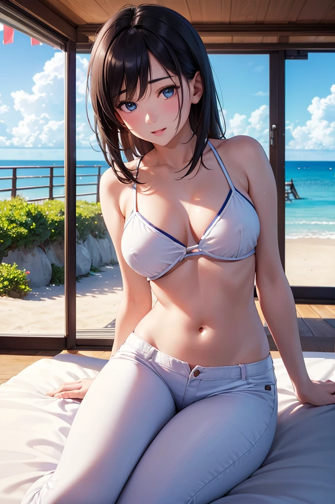 Cute Thai girl with shoulder-length dark shaded hair, blue eyes, He is wearing a tight fitting white shirt with a low neckline. (Bust 38 inches), slim fit light blue jeans, Sitting on a bed with a sliding glass door behind, Beach view.
(Highest quality,4K,8K,High resolution,masterpiece:1.2), Super detailed, (Realistic,photoRealistic,photo-Realistic:1.37), High resolution, 超High resolution, Studio Lighting, Very detailed explanation, Professional, Vibrant colors, Bokeh, Portraiture, Beach Color.