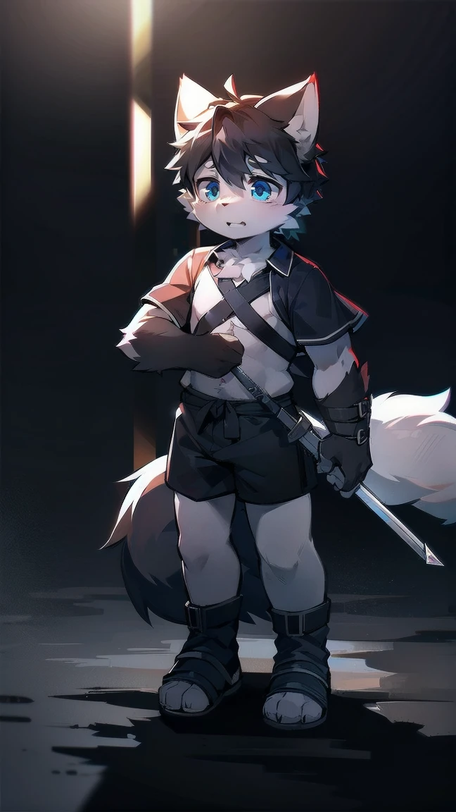 White Wolf,black hair,Sky blue eyes,hairy,Wolf ears,Wolf tail,Full body portrait,The character is in the center of the frame,Handsome,Confident eye***but,juvenile,Black and white combat uniform,Red neck bib,Black shorts,Short sleeve,hairy arms and legs,Dark background,Dark battlefield,dawn,sunrise,dawn,illumination,shadow,Swordsman,Scabbard and Hold the hilt of a in your hand,The scabbard is at the waist,Highest quality,A tall stature