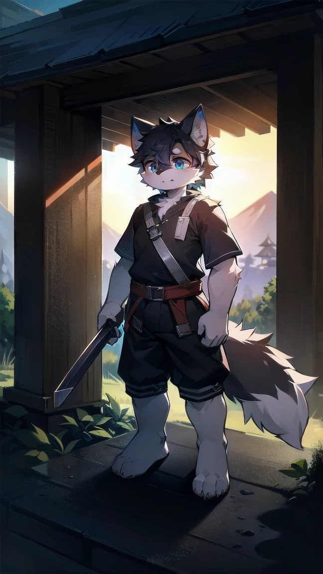 White Wolf,black hair,Sky blue eyes,hairy,Wolf ears,Wolf tail,Full body portrait,The character is in the center of the frame,Handsome,Confident eye***but,juvenile,Black and white combat uniform,Red neck bib,Black shorts,Short sleeve,hairy arms and legs,Dark background,Dark battlefield,dawn,sunrise,dawn,illumination,shadow,Swordsman,Scabbard and Hold the hilt of a in your hand,The scabbard is at the waist,Highest quality,A tall stature