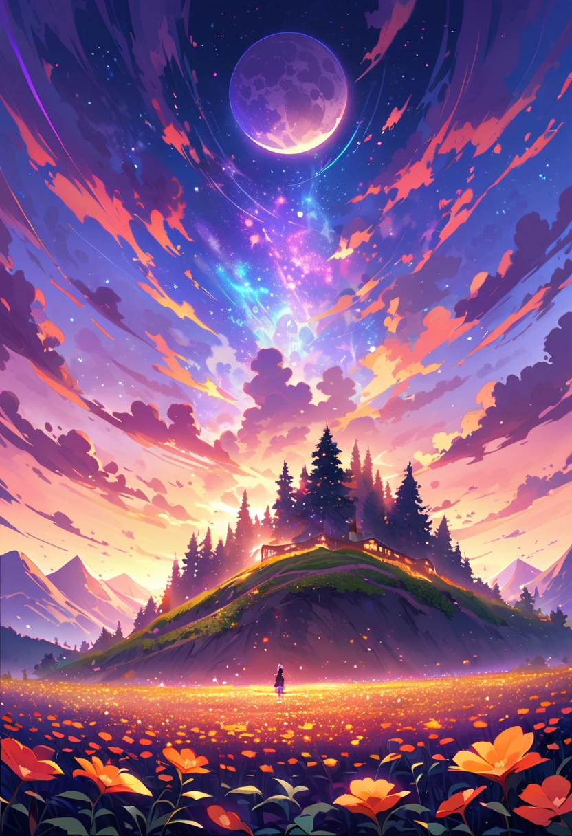 super wide angle，Sky，Open rose fields，（Man and woman kiss in the wind），（full moon：0.9），（nebula：1.1），distant mountains，Tree，（Cold light：1.2），Lots of purple and orange，Rich in details，dream，magic