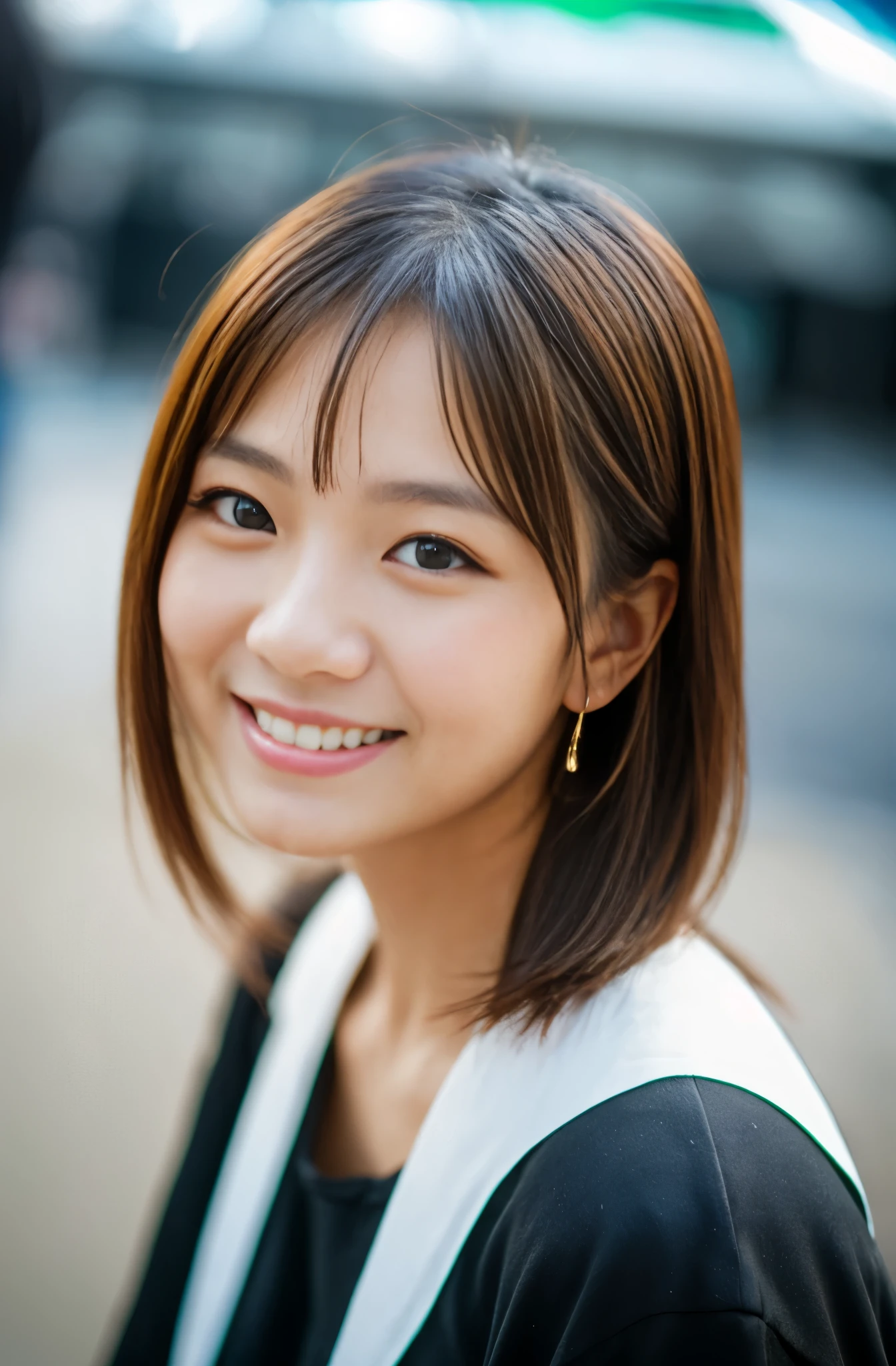 beautiful young asian girl on the street, smiling, in the style of tokina at-x 11-16mm f/2.8 pro dx ii, uhd image, salon kei, aurorapunk, shiny eyes, matte photo, zeiss batis 18mm f/2.8