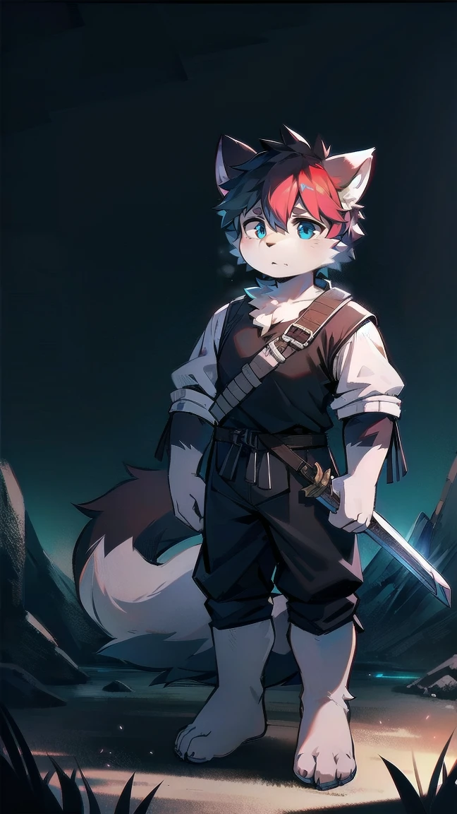 White Wolf，black hair，Sky blue eyes，hairy，Wolf ears，Wolf tail，Full body portrait，The character is in the center of the frame，Handsome，Confident eye***but，juvenile，Black and white combat uniform，Red neck bib，Black shorts，Short sleeve，hairy arms and legs，Dark background，Dark battlefield，dawn，sunrise，dawn，illumination，shadow，Swordsman，Scabbard and Hold the hilt of a in your hand，The scabbard is at the waist，Highest quality,A tall stature