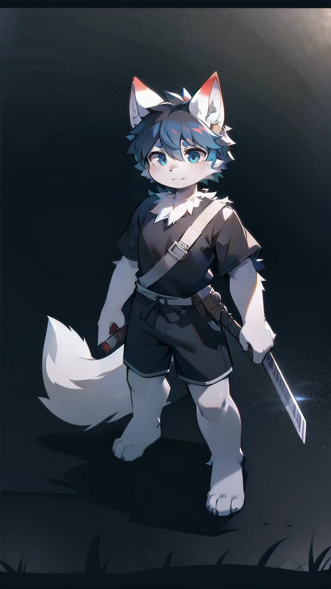 White Wolf，black hair，Sky blue eyes，hairy，Wolf ears，Wolf tail，Full body portrait，The character is in the center of the frame，Handsome，Confident eye***but，juvenile，Black and white combat uniform，Red neck bib，Black shorts，Short sleeve，hairy arms and legs，Dark background，Dark battlefield，dawn，sunrise，dawn，illumination，shadow，Swordsman，Scabbard and Hold the hilt of a in your hand，The scabbard is at the waist，Highest quality,A tall stature