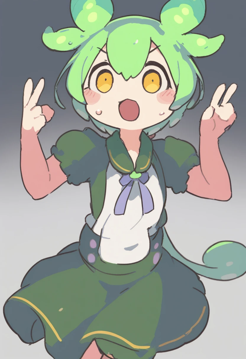One girl,Zundamon,Voice Box,Green Hair,Weird face,cute,Wide open mouth,White of the eyes,Surprised,