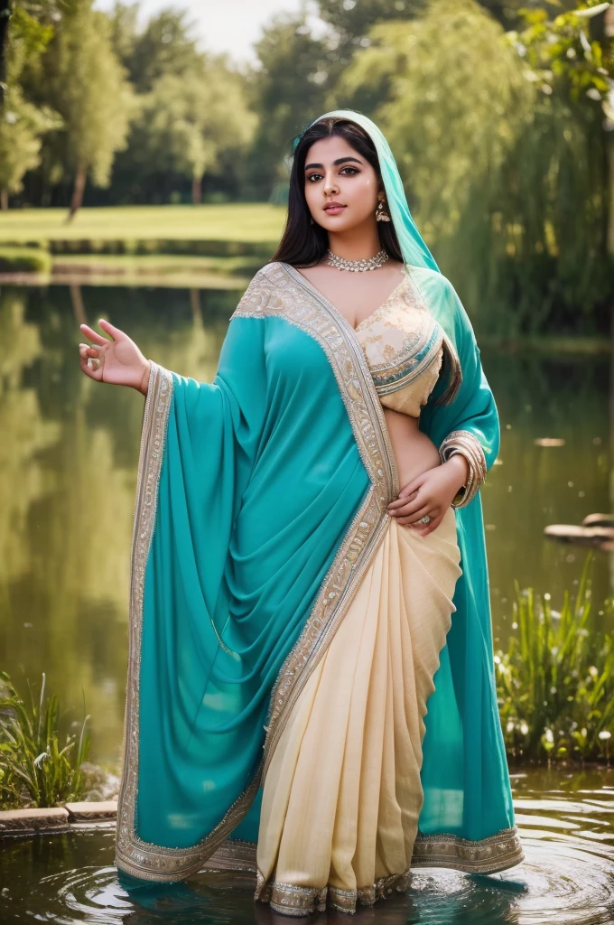 1 Heavenly beautiful and goddess beauty cute and sweet looking face Arabian woman in front of village pond, Heavenly beautiful Overweight, Heavenly beautiful Extremely fat, Heavenly beautiful and attractive Chubby figure , Heavenly beautiful looking and eye catching luxury style saree , reaching out, Heavenly beautiful Arabian woman, 16k, High resolution, masterpiece, highest quality, fine skin, close up figure view, Realistic Photograph