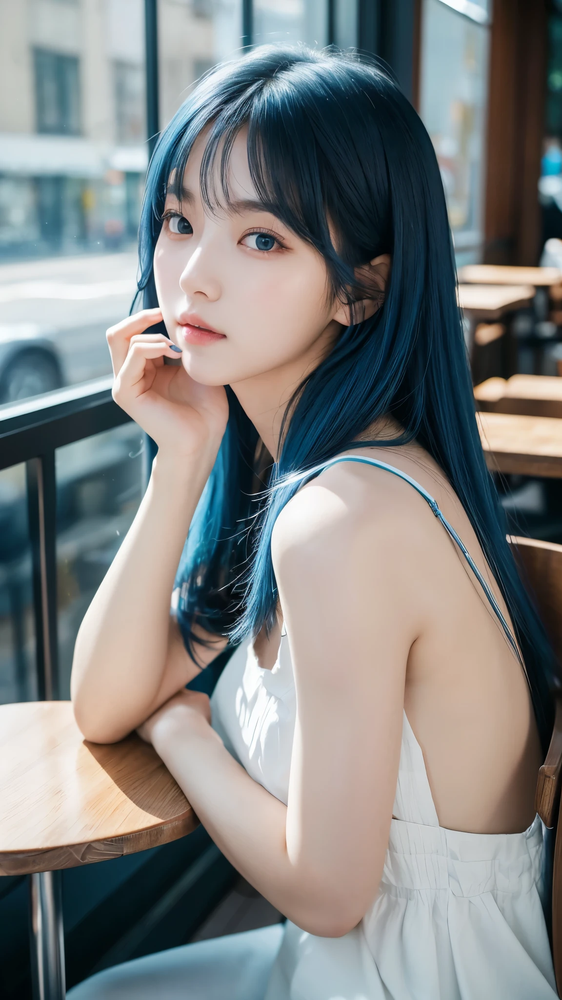 8k wallpaper, tmasterpiece, 电影灯光, Best quality at best, illustratio, dramatic angles, ((colours: 1.1)), ((colours inner hair: 1.4)), 1 girl, Alone, long whitr hair, Eau, eBlue eyes, Black glasses, Collar, Open, white Collar, liquid hair, brunette color hair, By bangs, from side, side, The upper part of the body, backgound, greybackground, of shoulders, sportrait, looking at viewert, White dress, hair between eye, white backgrounid, 耳Nipple Ring,