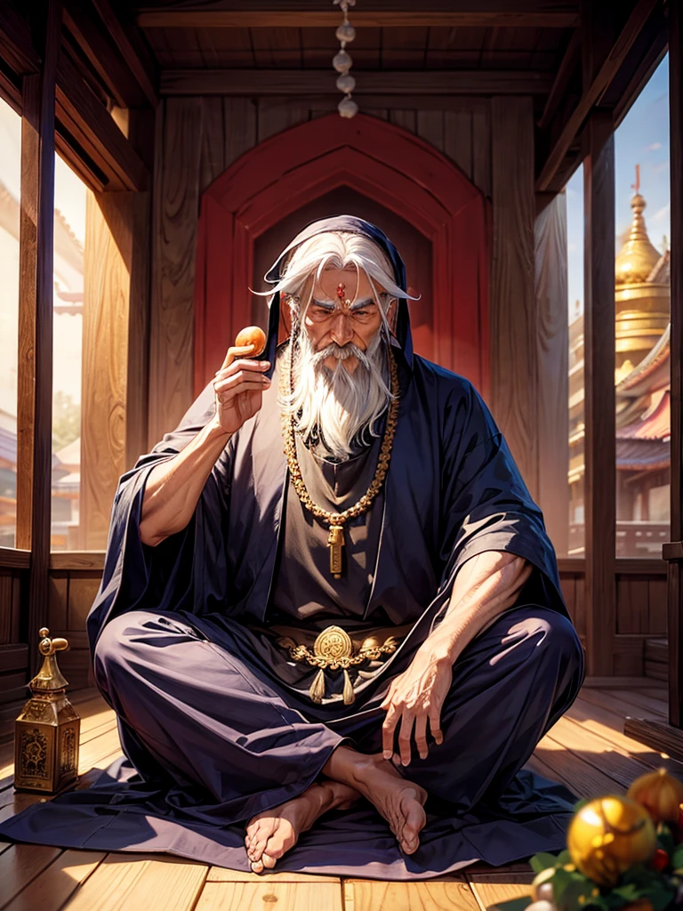 Highest quality,Highest Resolution,An old monk holding a rosary,temple,